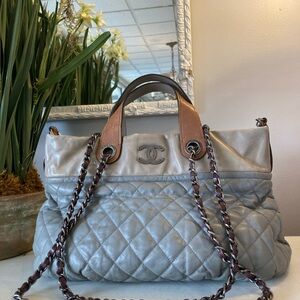 CHANEL Gray and Tan Quilted Shoulder Bag